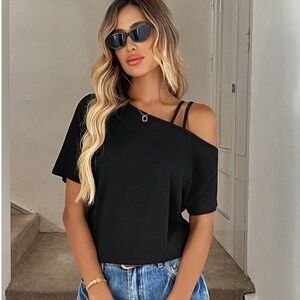 Strappy Black Tee Shirt Asymmetric Neck One Shoulder